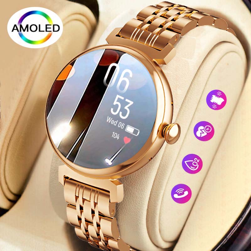 Smartwatch Faces - หน้าจอ AMOLED ขนาด 1.04 นิ้วแฟชั่นผู้หญิงหน้าจอนาฬิกาอัจฉริยะแสดงการโทรผ่านบลูทูธสมาร์ทวอทช์ตัวโลหะนาฬิกาหน้าจอขนาดเล็ก